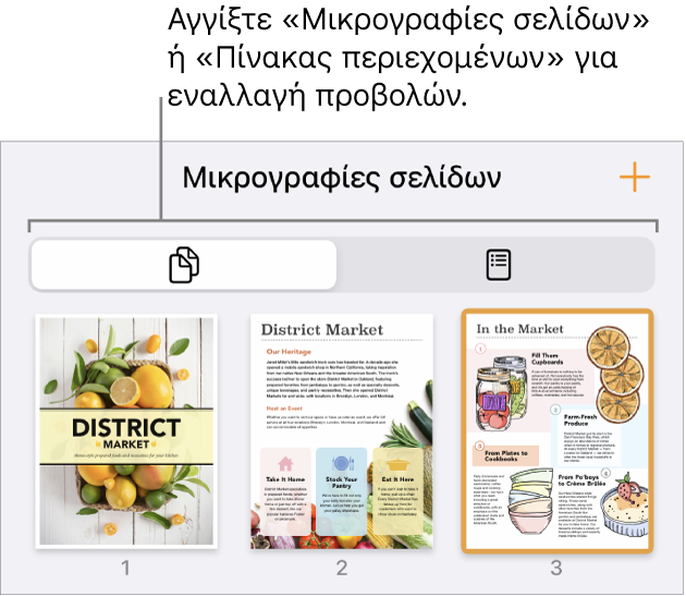 Προβολή μικρογραφιών σελίδων με τις εικόνες μικρογραφιών κάθε σελίδας. Ένα κουμπί «Μικρογραφίες σελίδων» και «Πίνακας περιεχομένων» βρίσκονται στο κάτω μέρος της οθόνης.