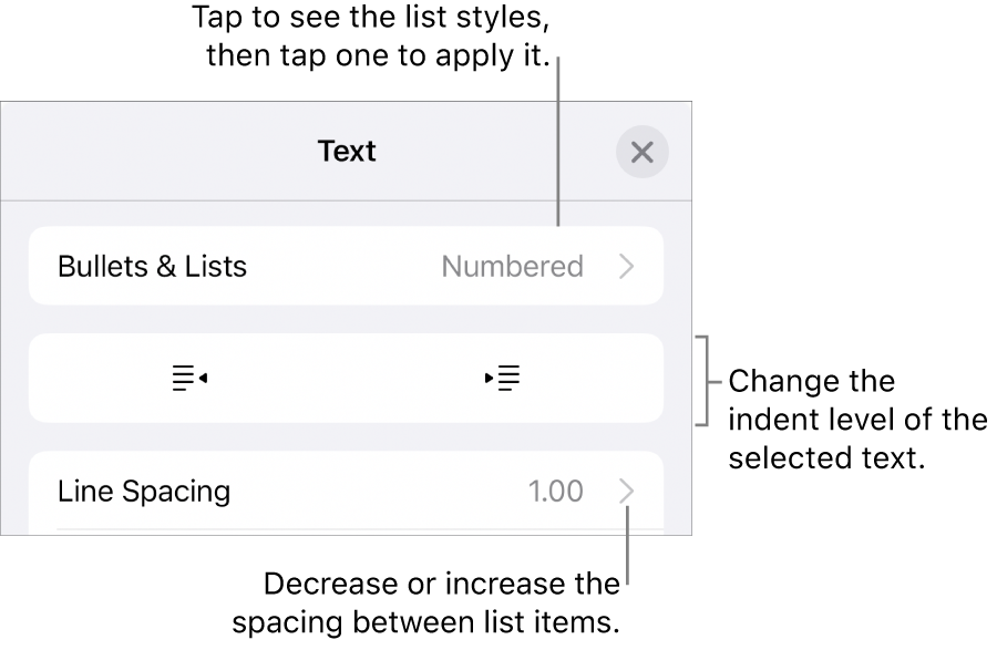 The Bullets & Lists section of the Format controls with callouts to Bullets & Lists, outdent and indent buttons, and line spacing controls.