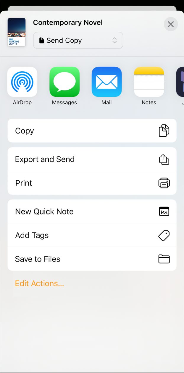 Share menu appears, with send options at the top, and Copy, Export and Send, Print, New Quick Note, Add Tags and Save to Files options below.