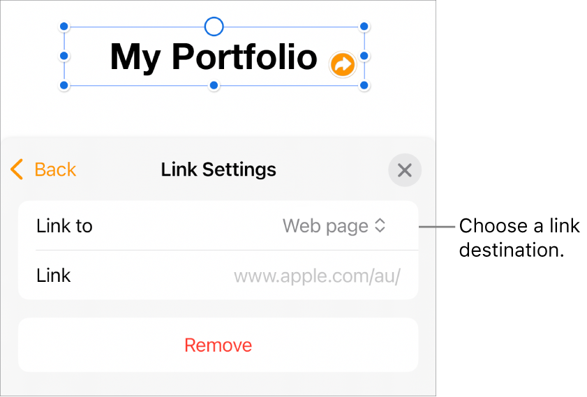 The Link Settings controls with Web Page selected, and the Remove button at the bottom.