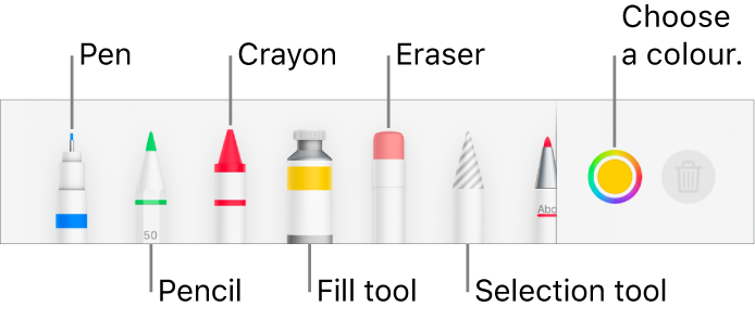 The drawing toolbar in Pages on iPhone with a pen, pencil, crayon, fill tool, eraser, selection tool and colour well showing the current colour.