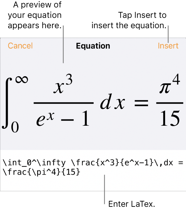 The Equation dialogue, showing an equation written using LaTex commands and a preview of the formula above.