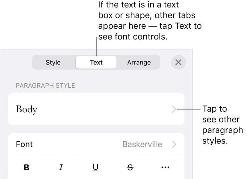 The Format menu showing text controls for setting paragraph and character styles, font, size and colour.