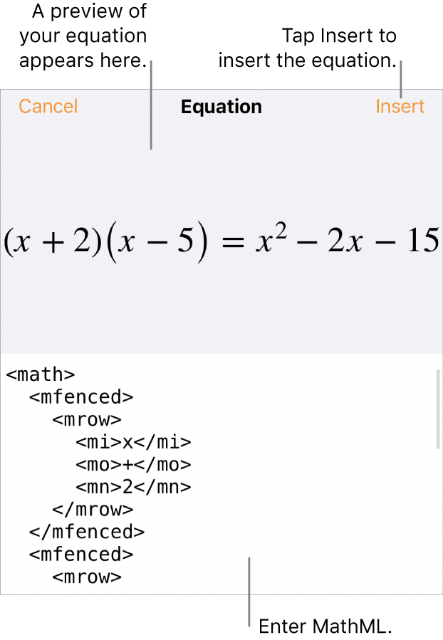 The Equation dialogue, showing an equation written using MathML commands and a preview of the formula above.