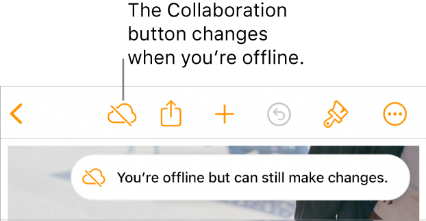 The buttons at the top of the screen, with the Collaboration button changed to a cloud with a diagonal line through it. An alert on the screen says “You’re offline but can still edit”.