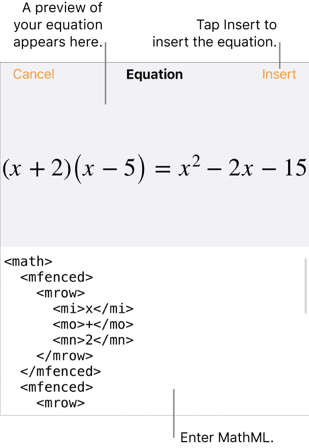 The Equation dialogue, showing an equation written using MathML commands, and a preview of the formula above.