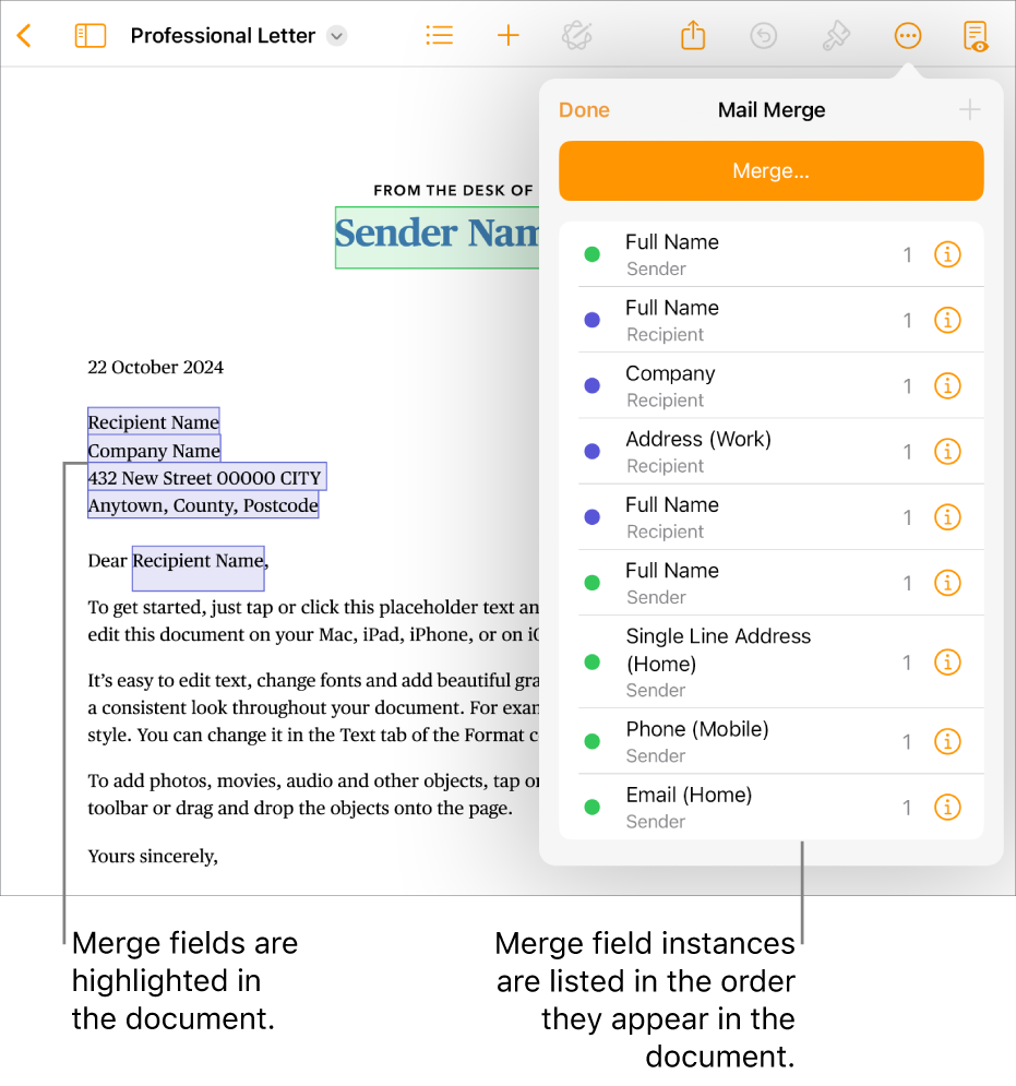 Pages document with recipient and sender merge fields, and the merge field instances list visible in the Document sidebar.