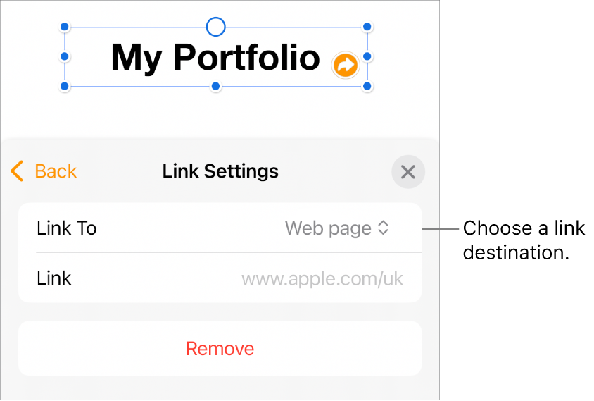 The Link Settings controls with Web Page selected, and the Remove button at the bottom.