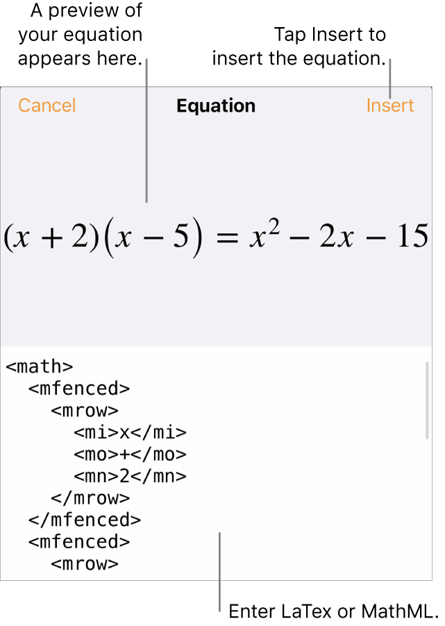 The Equation dialogue, showing an equation written using MathML commands, and a preview of the formula above.