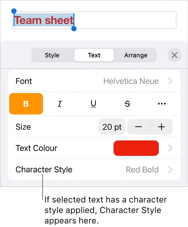 The Text formatting controls with Character Style below the Colour controls. The character style None appears with an asterisk.