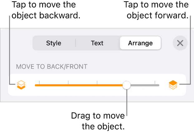 The Move Backward button, the Move Forward button, and the layering slider.