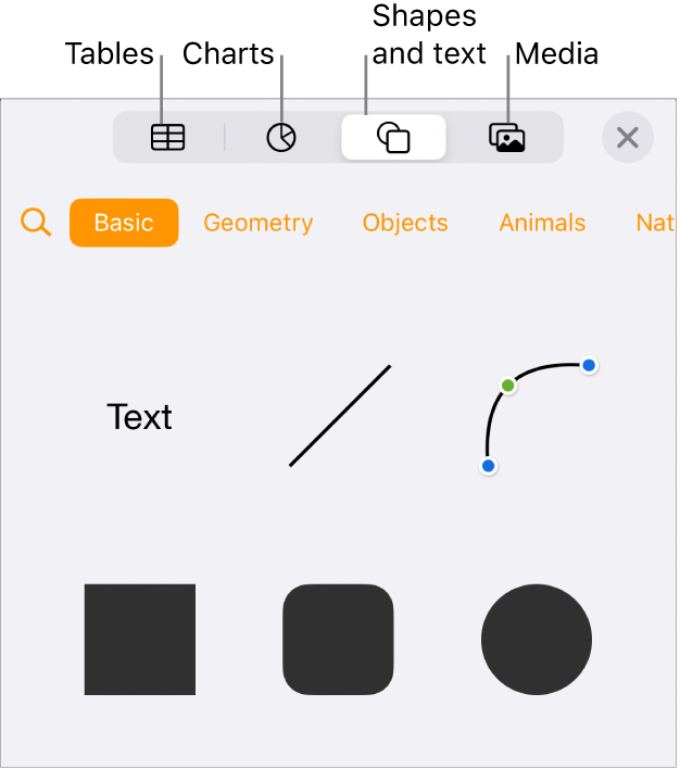 The Insert controls open with buttons for adding tables, charts, text, shapes, and media at the top.