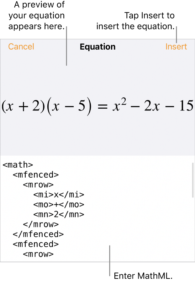 The Equation dialogue, showing an equation written using MathML commands, and a preview of the formula above.