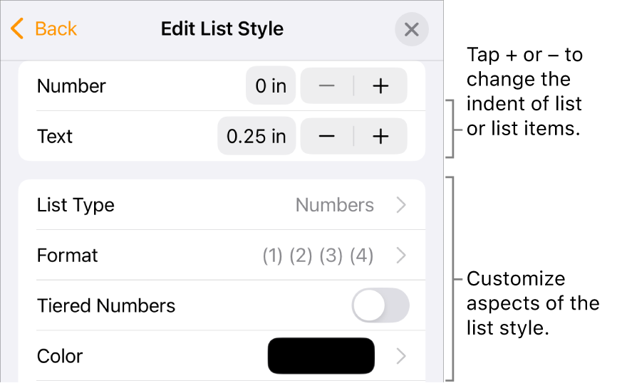 Edit List Style menu with controls for indent spacing, list type and format, tiered numbers, and line spacing.