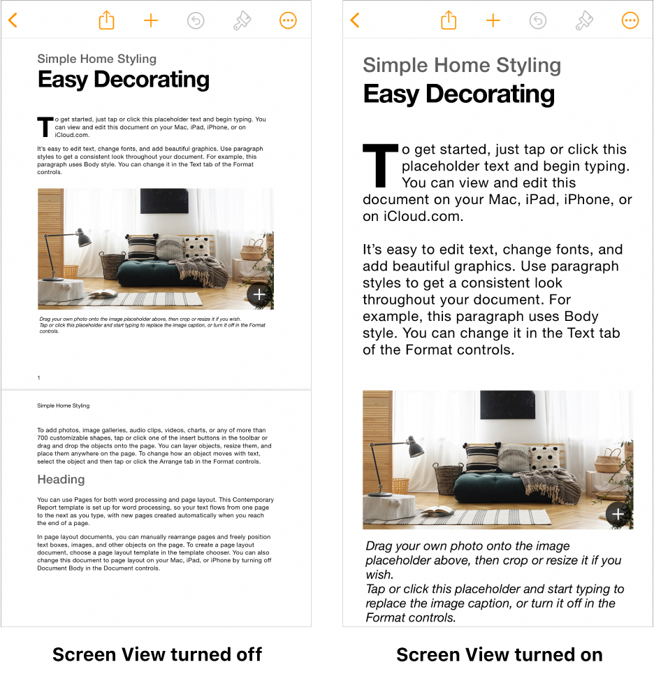 Two views of the same Pages document, one with Screen View turned on and one with Screen View turned off.