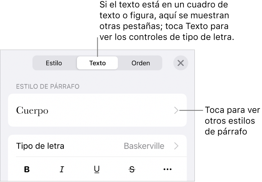 El menú Formato mostrando los controles de texto para configurar los estilos de párrafo y carácter, tipo de letra, tamaño y color.