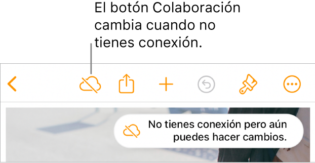 Los botones en la parte superior de la pantalla, donde el botón Colaboración cambió a una nube con una línea diagonal que la atraviesa. Una alerta en la pantalla muestra el mensaje: No tienes conexión pero aún puedes hacer cambios.