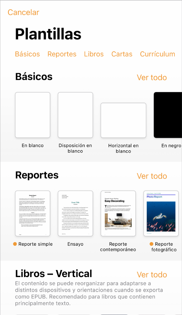 El selector de plantilla muestra una fila de categorías a lo largo de la parte superior en las que puedes tocar para filtrar las opciones. En la parte inferior, organizadas en filas por categoría, aparecen miniaturas de las plantillas prediseñadas, comenzando con las Nuevas en la parte superior y seguidas de las Recientes y Básicas. En la parte superior derecha de cada fila de categoría aparece un botón Ver todo. El botón Idioma y región se encuentra en la esquina superior derecha.