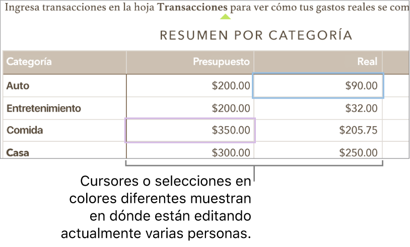 Los cursores y las selecciones de colores diferentes muestran dónde están editando las otras personas.