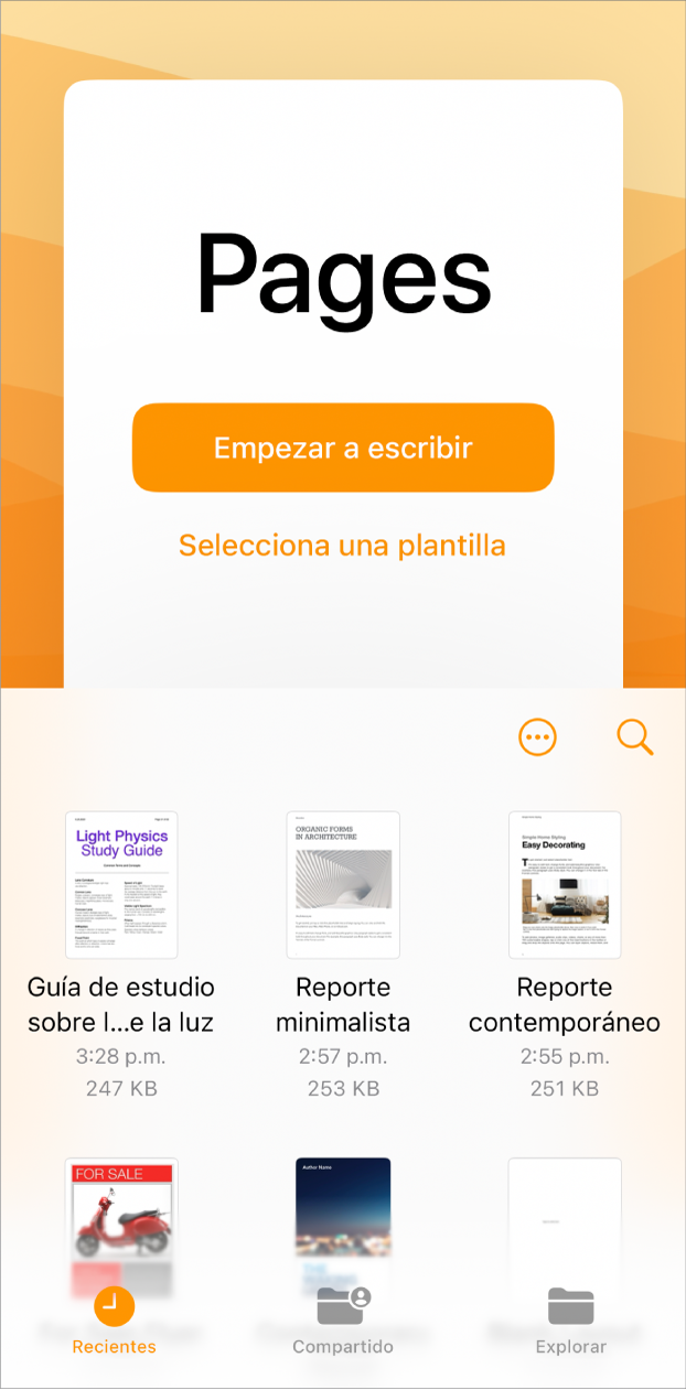 La pantalla de bienvenida de Pages con las opciones Comenzar a escribir y Seleccionar una plantilla en la parte superior; en la parte inferior, se muestran documentos recientes.