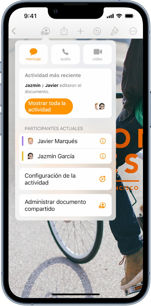 El menú de colaboración mostrando los nombres de las personas que colaboran en el documento.