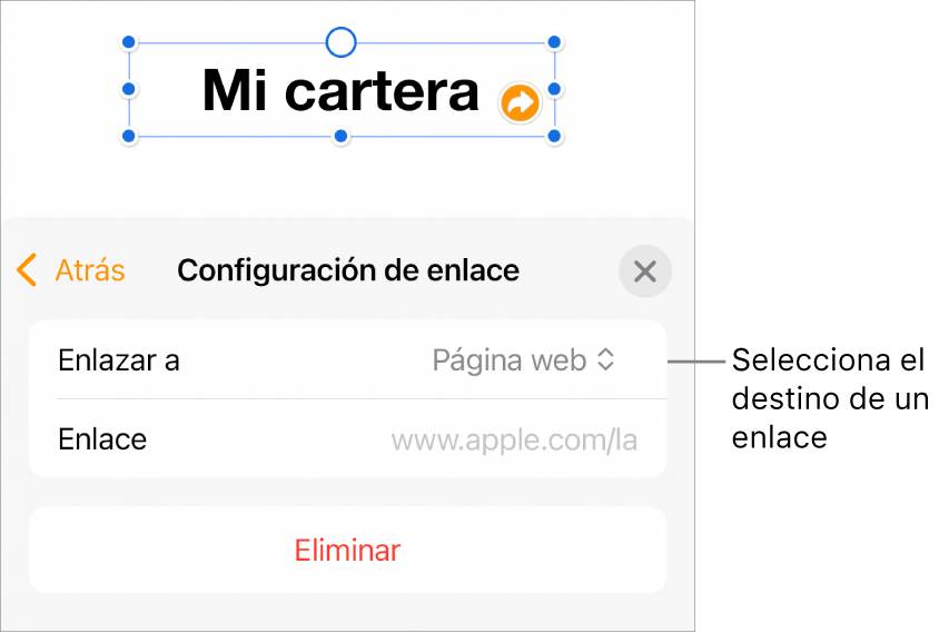 Los controles de Configuración de enlace con la opción Página web seleccionada, y el botón Eliminar en la parte de abajo.