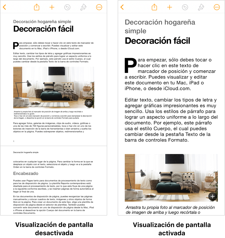 Dos versiones del mismo documento de Pages: uno con Screen View activado y otro con Screen View desactivado.