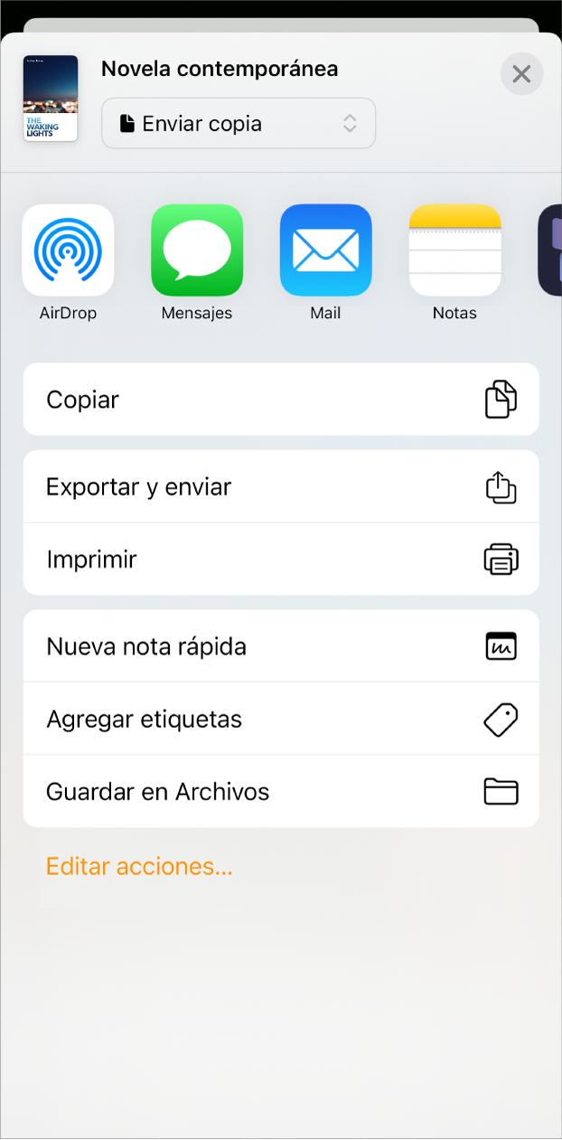 Aparece el menú Compartir con opciones para enviar en la parte superior y las opciones Copiar, Exportar y enviar, Imprimir, Nueva nota rápida, Agregar etiquetas y Guardar en archivos en la parte inferior.