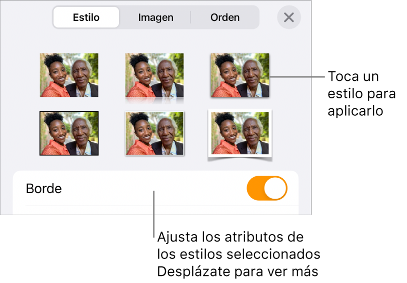 La pestaña Estilo del menú Formato con estilos de objeto en la parte superior y un control debajo para cambiar el borde.