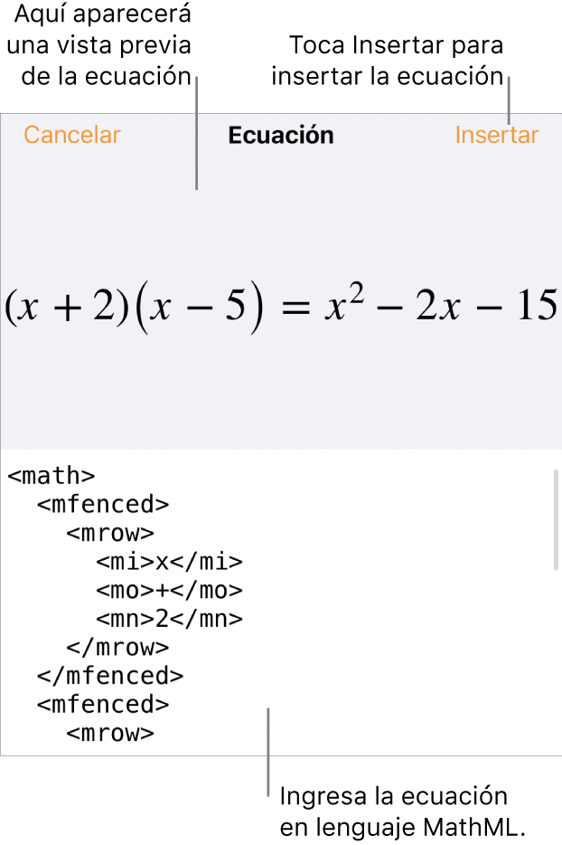El cuadro de diálogo Ecuación con una ecuación escrita con comandos de MathML y una vista previa de la fórmula encima.