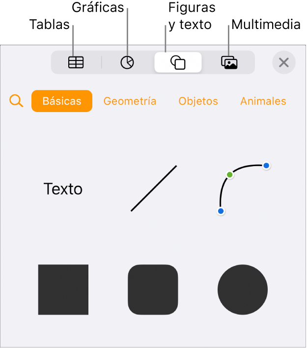 Se abren los controles Insertar con botones para agregar tablas, gráficas, texto, figuras y contenidos en la parte superior.