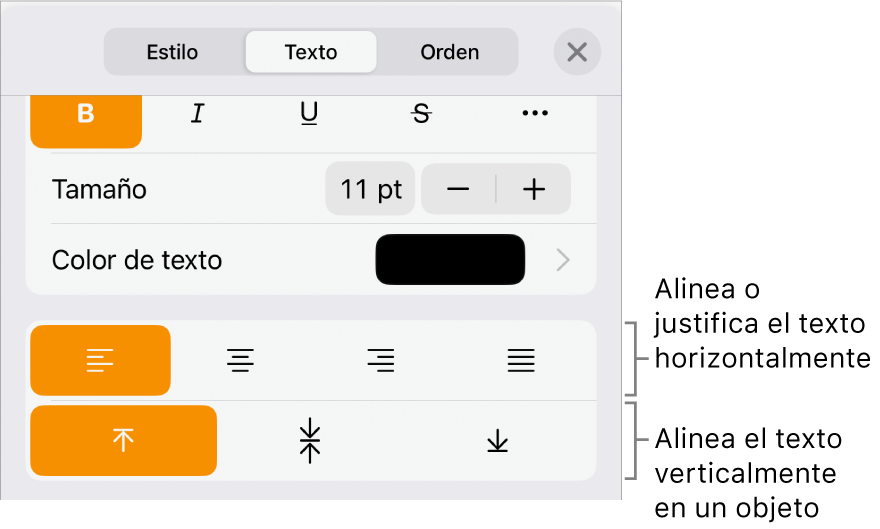 El panel Alineación con mensajes en los botones de alineación de texto y espaciado.