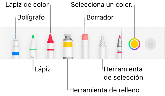 La barra de herramientas de dibujo en la app Pages del iPhone, con un bolígrafo, lápiz, lápiz de color, relleno, borrador, herramienta de selección y paleta de colores, que muestra el color actual.