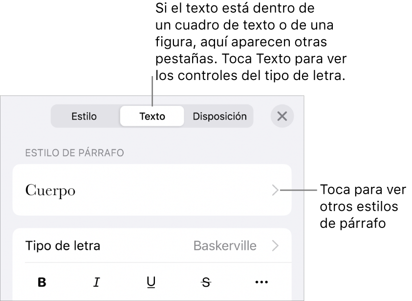 El menú Formato, que muestra controles de texto para configurar los estilos de párrafo y carácter, tipo de letra, tamaño y color.