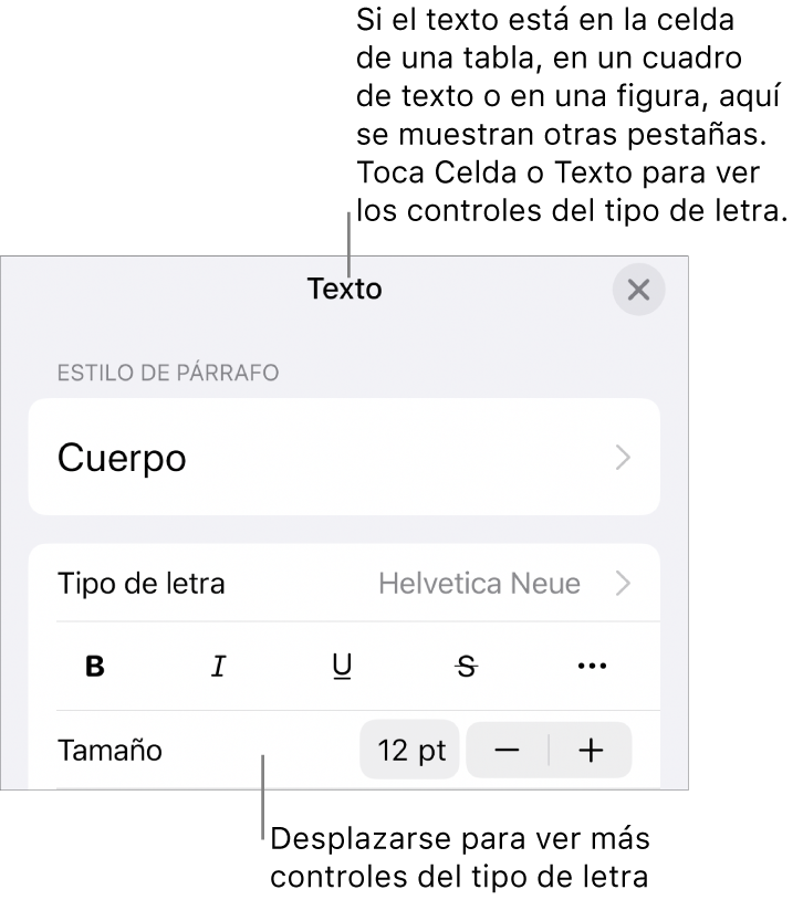 Controles de texto en el menú Formato para configurar los estilos de párrafo y carácter, tipo de letra, tamaño y color.
