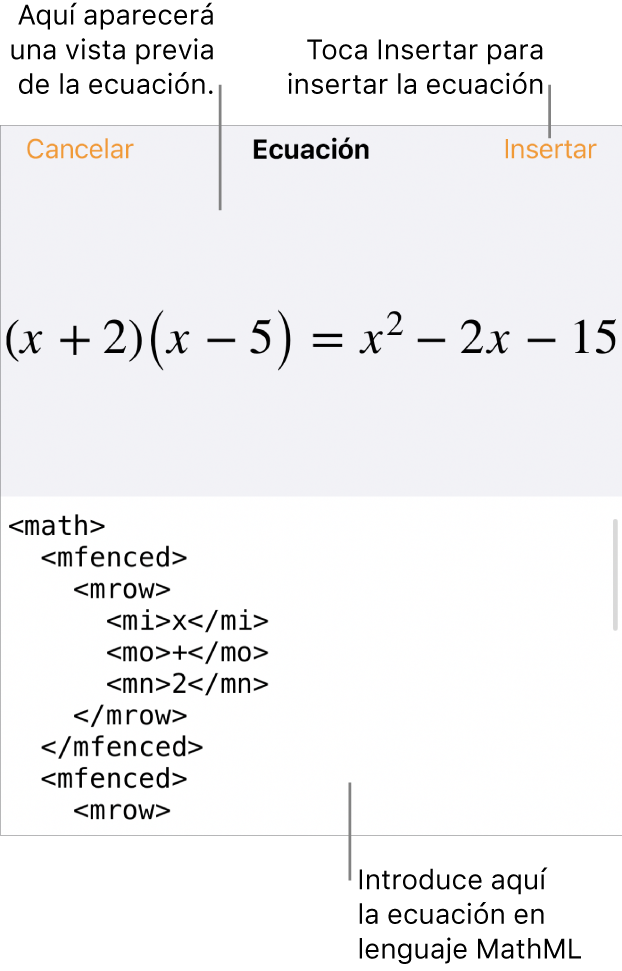 El diálogo Ecuación con una ecuación escrita con comandos de MathML y una previsualización de la fórmula encima.