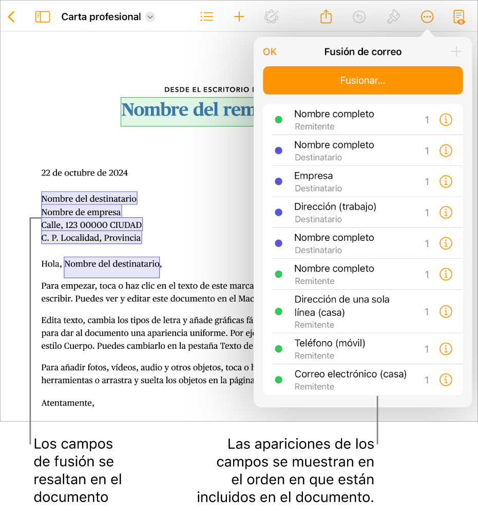 Documento de Pages con los campos de fusión de remitente y destinatario, y la lista de instancias del campo de fusión visible en la barra lateral Documento.