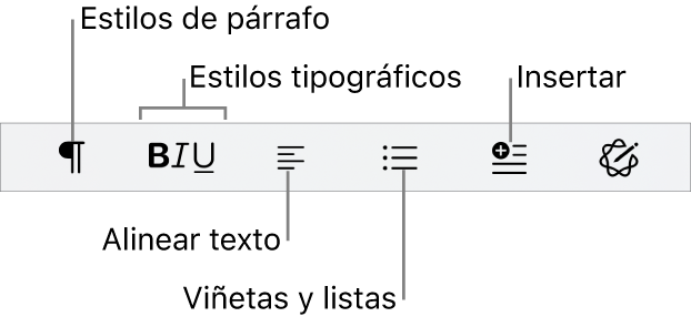 La barra de formato rápido, que muestra iconos para estilos de párrafo, estilos tipográficos, alineación de texto, viñetas y listas, e inserción de elementos.