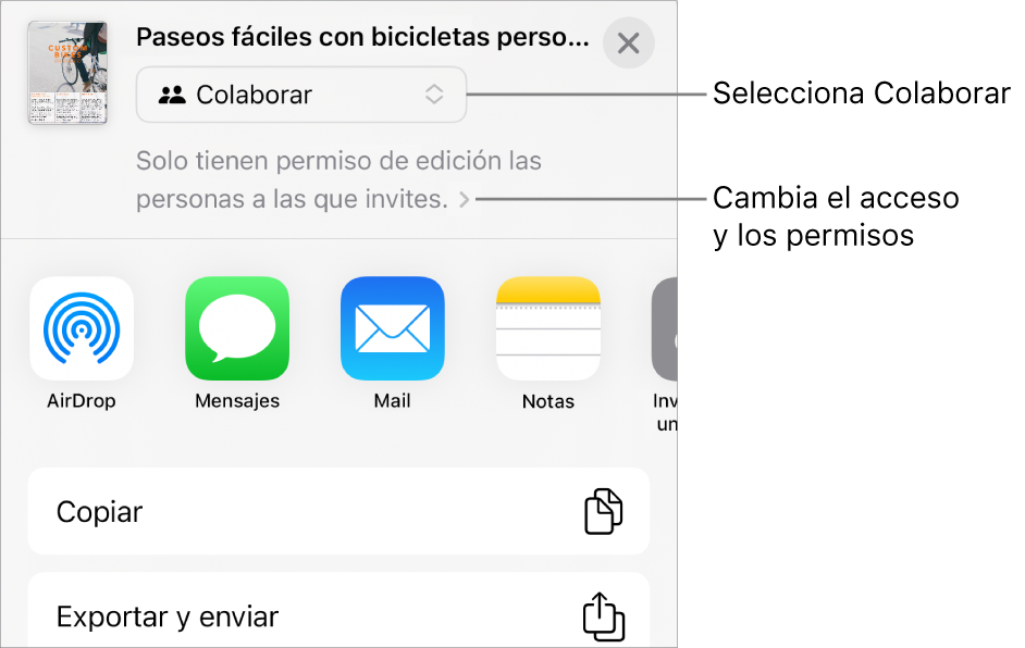 El menú Compartir con la opción Colaborar seleccionada en la parte superior y los ajustes de acceso y permisos debajo.