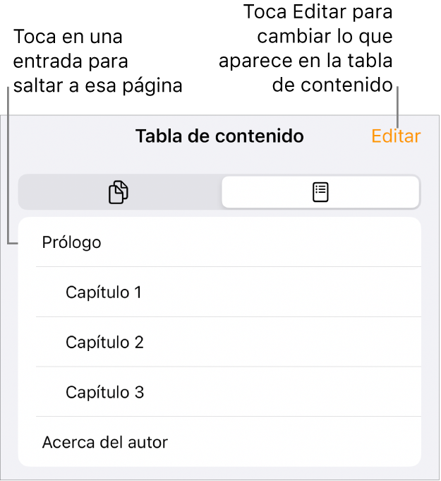 La visualización de la tabla de contenido con encabezamientos en una lista. Hay un botón Editar en la esquina superior derecha y en la parte inferior están los botones “Miniaturas de página” y “Tabla de contenido”.