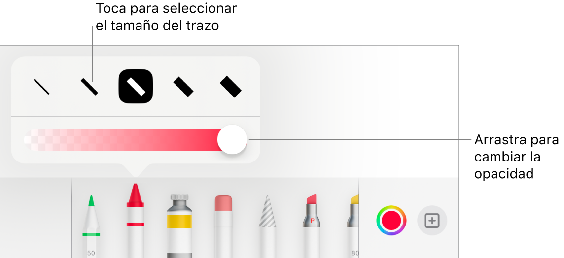 Controles para seleccionar un tamaño de trazo y un regulador para ajustar la opacidad.