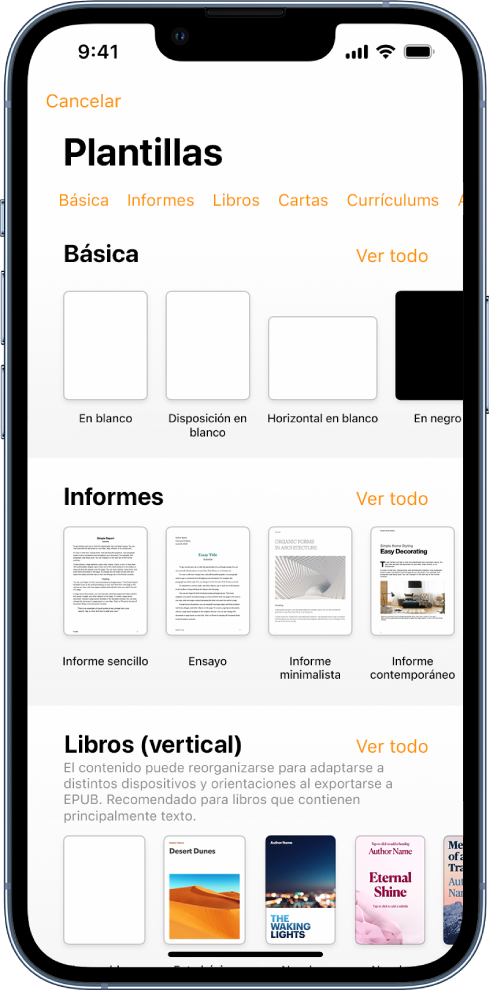 El selector de plantilla, mostrando una fila de categorías a lo largo de la parte superior en la que puedes tocar para filtrar las opciones. Debajo aparecen miniaturas de plantillas prediseñadas organizadas en filas por categorías, empezando por Nueva en la parte superior y seguida por Recientes y Básicas. Por encima y a la derecha de cada fila de categoría aparece un botón “Ver todo”.