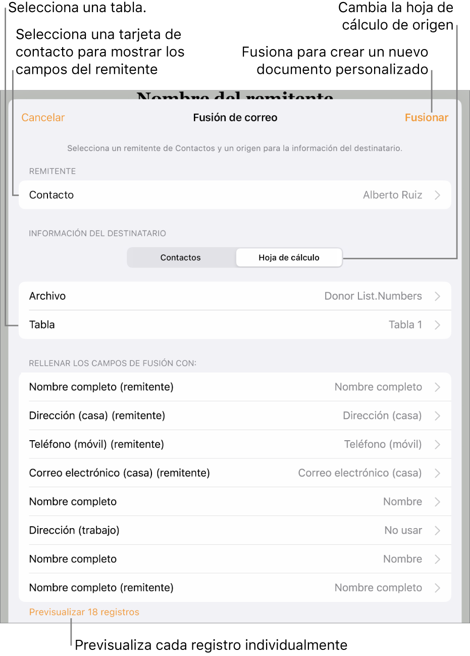 Panel de fusión de correo abierto con opciones para seleccionar la información del remitente, cambiar la tabla o el archivo de origen, previsualizar los nombres del campo de fusión o fusionar el documento.
