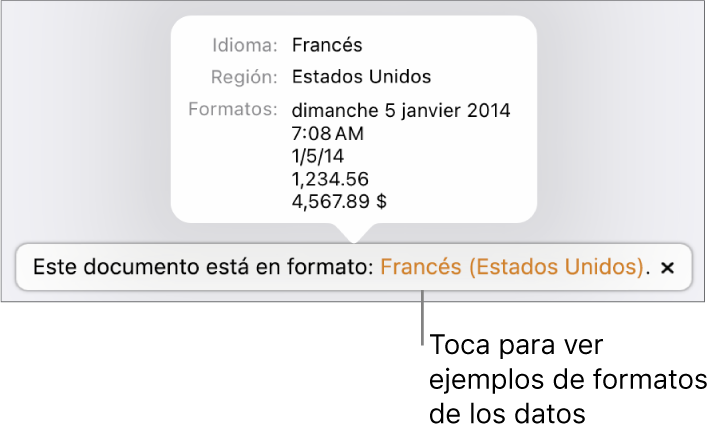 La notificación del ajuste de idioma y formato distinto, con ejemplos del formato en ese idioma y región.