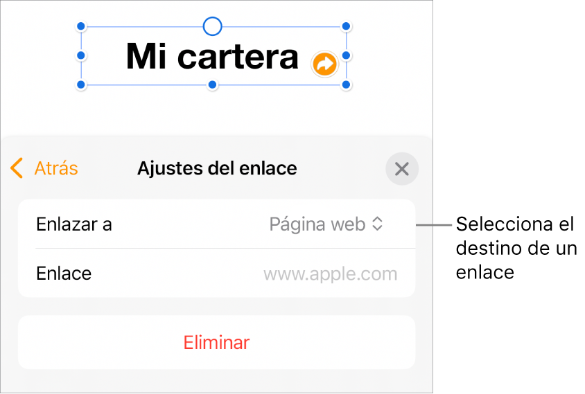 Controles de “Ajustes de enlace” con la opción “Página web” seleccionada y el botón Eliminar en la parte inferior.