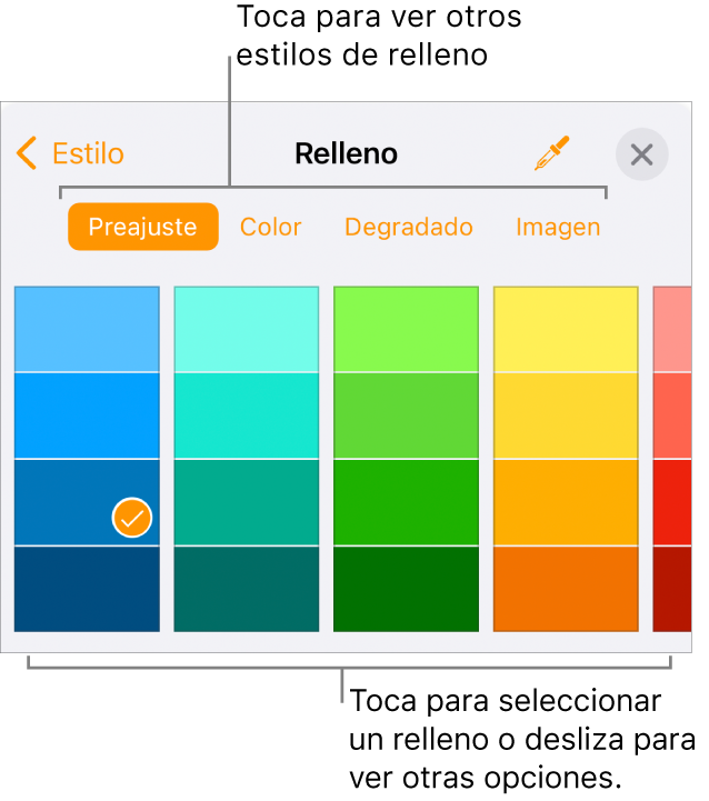 Opciones de relleno en la pestaña Estilo del botón Formato.