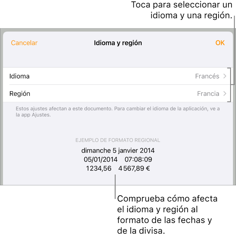 Panel “Idioma y región” con controles para el idioma y la región, y un ejemplo de formato que incluye la fecha, la hora, los decimales y la divisa.