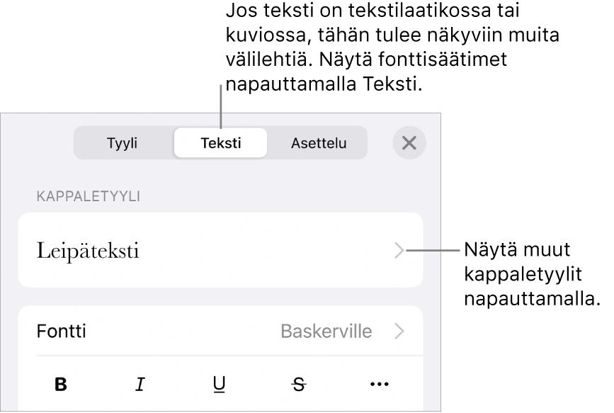 Muoto-valikko, jossa on tekstisäätimet kappale- ja merkkityylien, fontin, koon ja värin valitsemista varten.