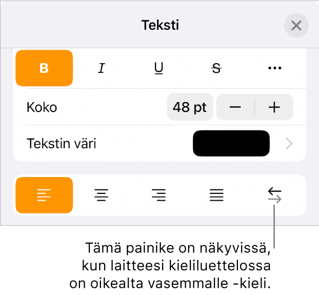 Muoto-valikon tekstisäätimet ja selite, joka osoittaa Oikealta vasemmalle -painikkeeseen.