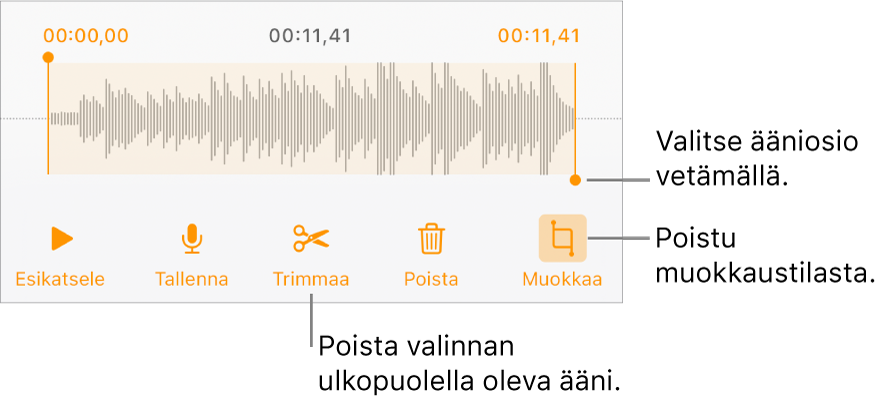 Säätimet tallennetun äänen muokkaamiseen. Kahvat osoittavat äänitysosion. Alla on painikkeet esikuuntelulle, tallentamiselle, trimmaamiselle, poistamiselle ja muokkaustilalle.